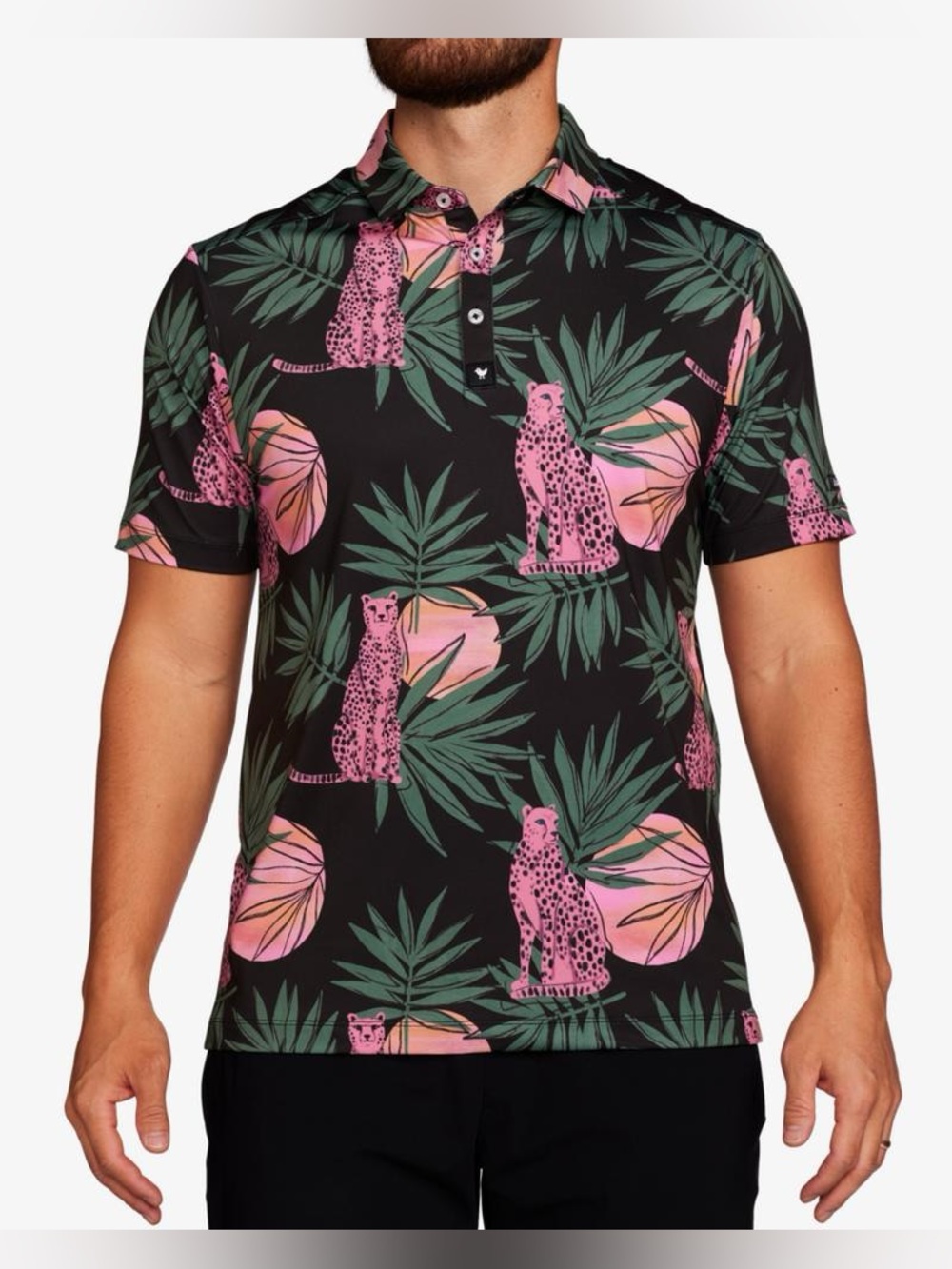 Bad Birdie Cheetah Tropical Golf Polo Men’s L Black Pink Performance Shirt